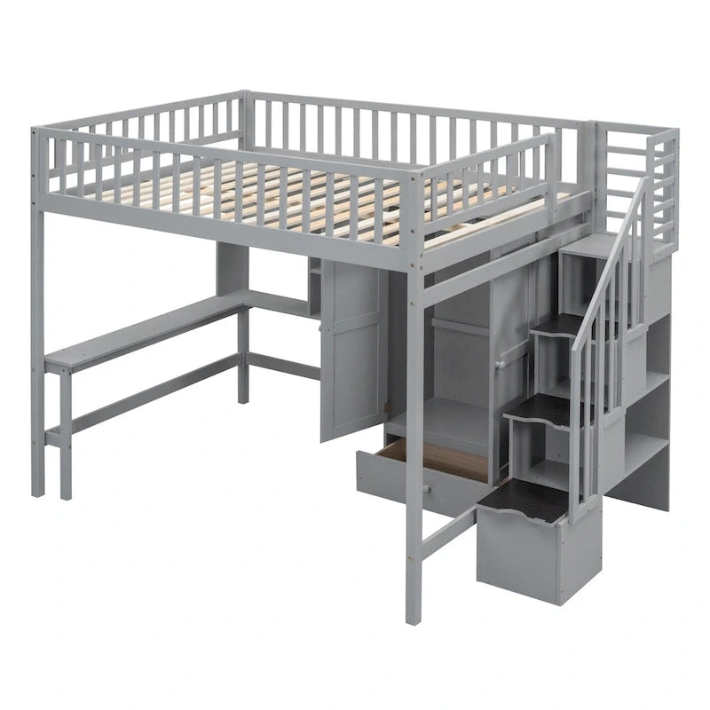 Lit mezzanine nordique créatif en bois, taille double, avec étagère, tiroirs, bureau et armoire de rangement, pour enfants, adolescents et adultes