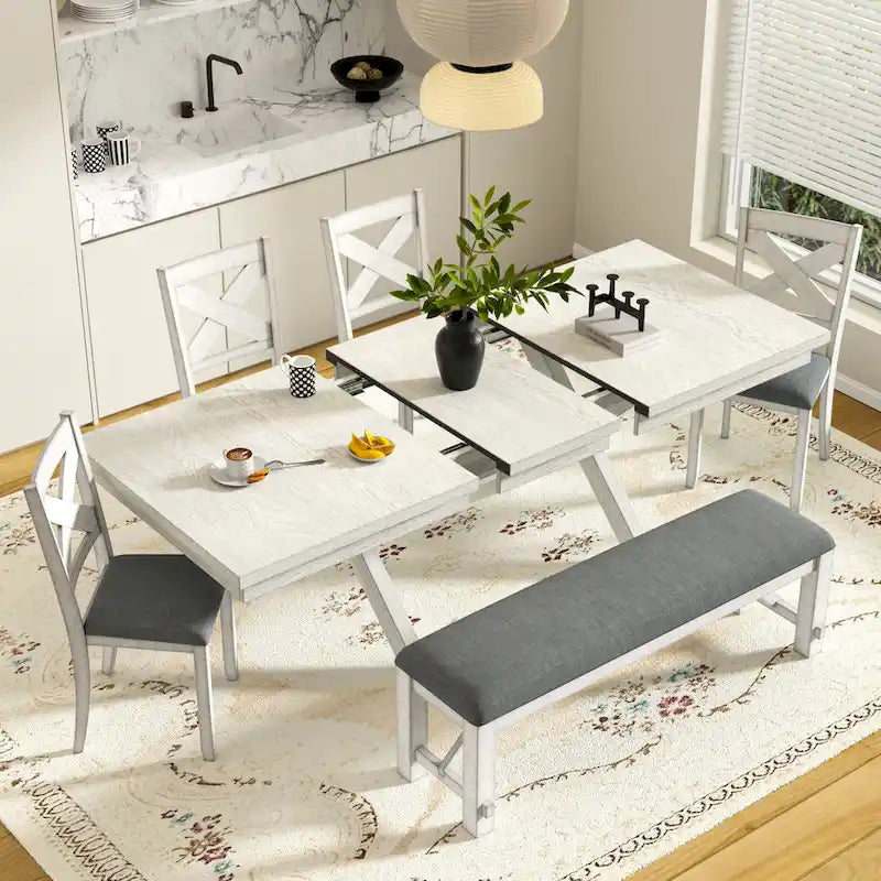 Table de salle à manger avec banc, table de salle à manger rectangulaire extensible en bois massif et 4 chaises de salle à manger en bois massif