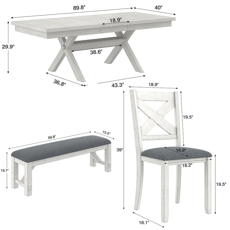 Table de salle à manger avec banc, table de salle à manger rectangulaire extensible en bois massif et 4 chaises de salle à manger en bois massif