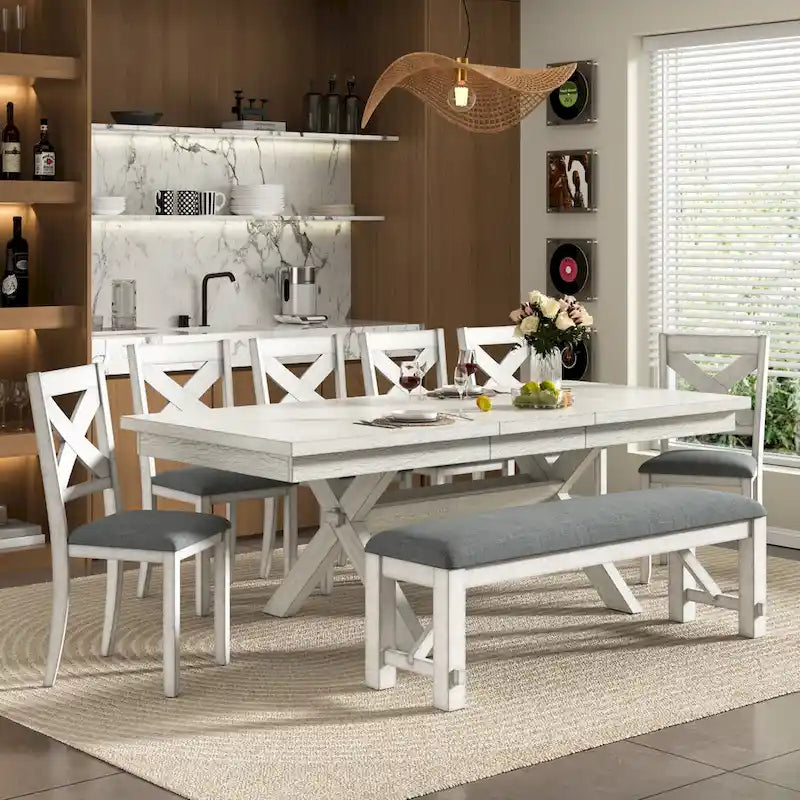 Table de salle à manger avec banc, table de salle à manger rectangulaire extensible en bois massif et 4 chaises de salle à manger en bois massif