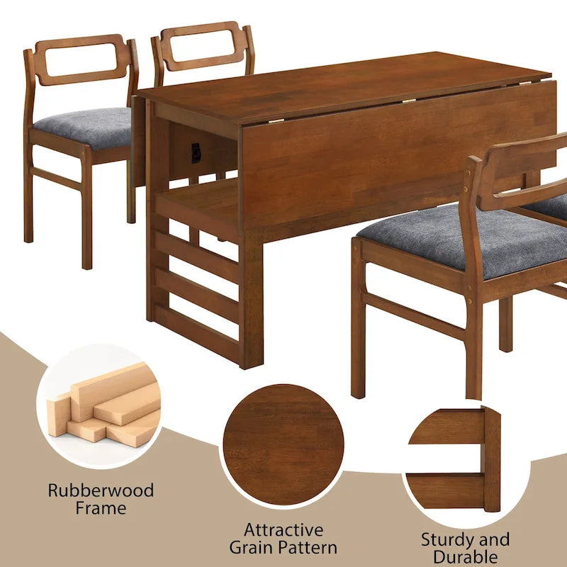 Ensemble table et chaises de salle à manger extensibles en bois, ensemble table et chaises de salle à manger du milieu du siècle avec 2 rallonges et étagère de rangement