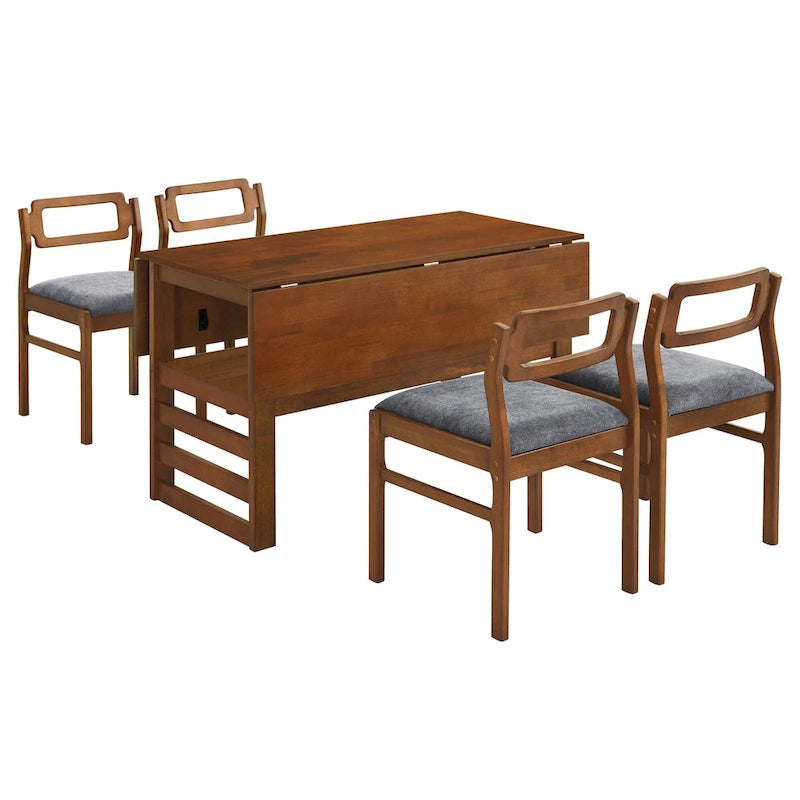 Ensemble table et chaises de salle à manger extensibles en bois, ensemble table et chaises de salle à manger du milieu du siècle avec 2 rallonges et étagère de rangement