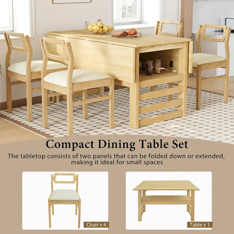 Ensemble table et chaises de salle à manger extensibles en bois, ensemble table et chaises de salle à manger du milieu du siècle avec 2 rallonges et étagère de rangement