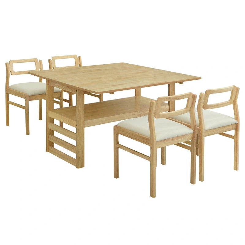 Ensemble table et chaises de salle à manger extensibles en bois, ensemble table et chaises de salle à manger du milieu du siècle avec 2 rallonges et étagère de rangement