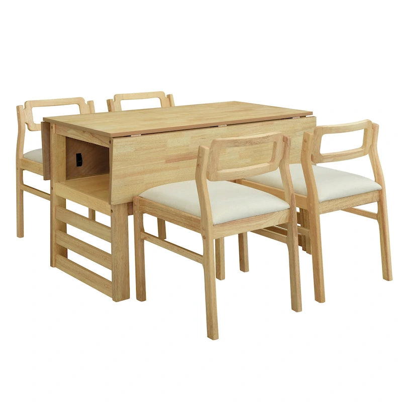 Ensemble table et chaises de salle à manger extensibles en bois, ensemble table et chaises de salle à manger du milieu du siècle avec 2 rallonges et étagère de rangement