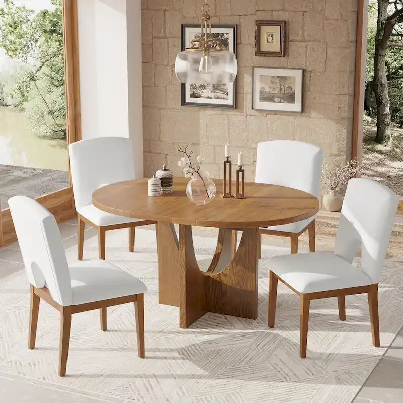 Table à manger ronde moderne 5 pièces avec rallonge amovible de 16,2 po