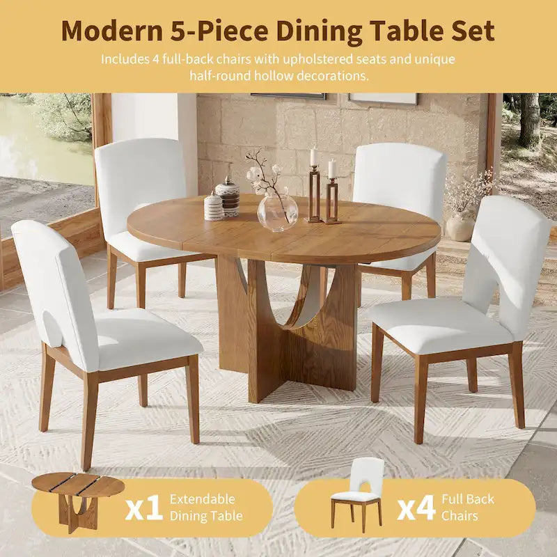 Table à manger ronde moderne 5 pièces avec rallonge amovible de 16,2 po