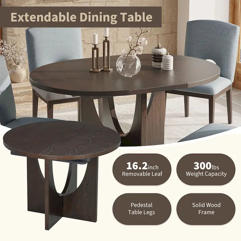Table à manger ronde moderne 5 pièces avec rallonge amovible de 16,2 po