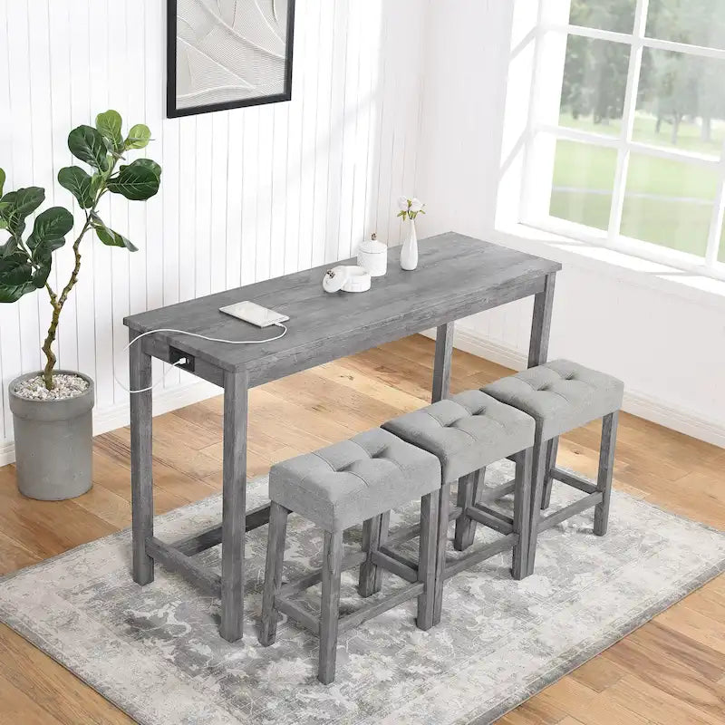 Ensemble table de bar et 3 tabourets de bar avec prise de courant, ensembles de chaises de table à manger en bois pour coin repas de cuisine
