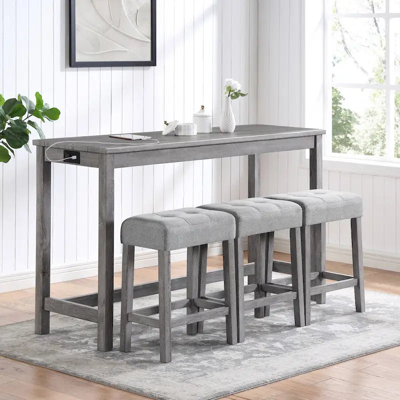 Ensemble table de bar et 3 tabourets de bar avec prise de courant, ensembles de chaises de table à manger en bois pour coin repas de cuisine