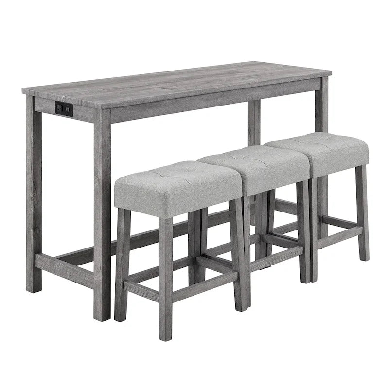 Ensemble table de bar et 3 tabourets de bar avec prise de courant, ensembles de chaises de table à manger en bois pour coin repas de cuisine