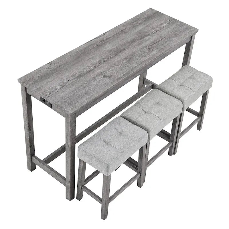 Ensemble table de bar et 3 tabourets de bar avec prise de courant, ensembles de chaises de table à manger en bois pour coin repas de cuisine