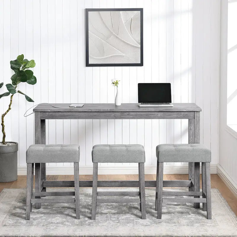Ensemble table de bar et 3 tabourets de bar avec prise de courant, ensembles de chaises de table à manger en bois pour coin repas de cuisine