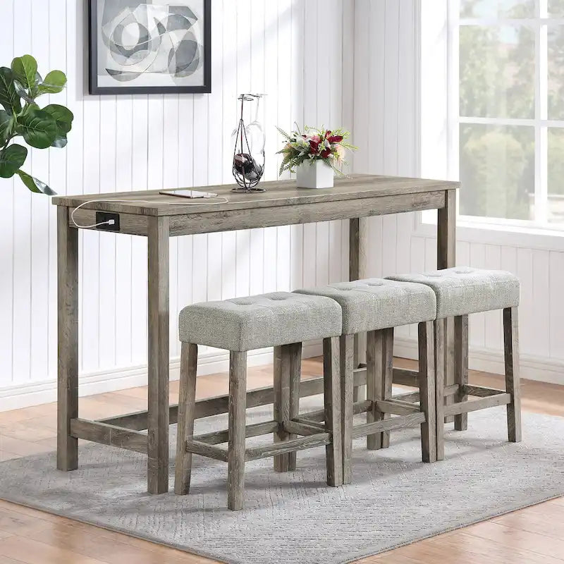 Ensemble table de bar et 3 tabourets de bar avec prise de courant, ensembles de chaises de table à manger en bois pour coin repas de cuisine