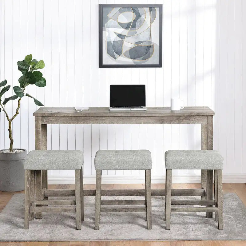 Ensemble table de bar et 3 tabourets de bar avec prise de courant, ensembles de chaises de table à manger en bois pour coin repas de cuisine