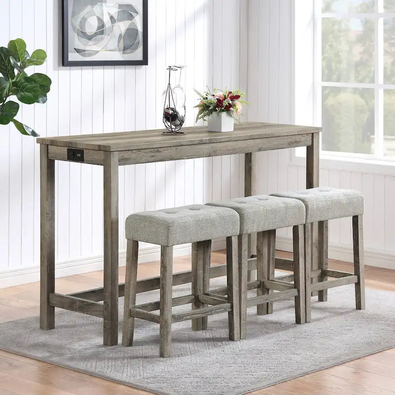 Ensemble table de bar et 3 tabourets de bar avec prise de courant, ensembles de chaises de table à manger en bois pour coin repas de cuisine