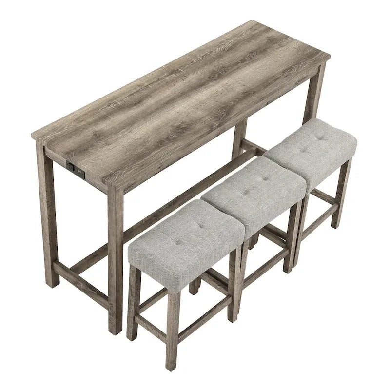 Ensemble table de bar et 3 tabourets de bar avec prise de courant, ensembles de chaises de table à manger en bois pour coin repas de cuisine