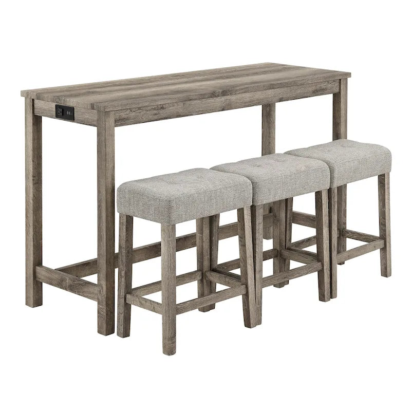 Ensemble table de bar et 3 tabourets de bar avec prise de courant, ensembles de chaises de table à manger en bois pour coin repas de cuisine