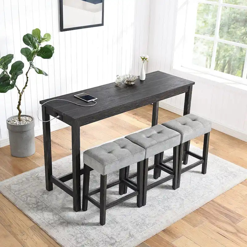 Ensemble table de bar et 3 tabourets de bar avec prise de courant, ensembles de chaises de table à manger en bois pour coin repas de cuisine