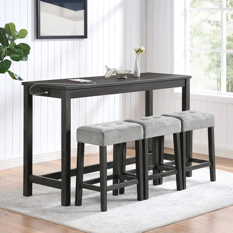 Ensemble table de bar et 3 tabourets de bar avec prise de courant, ensembles de chaises de table à manger en bois pour coin repas de cuisine