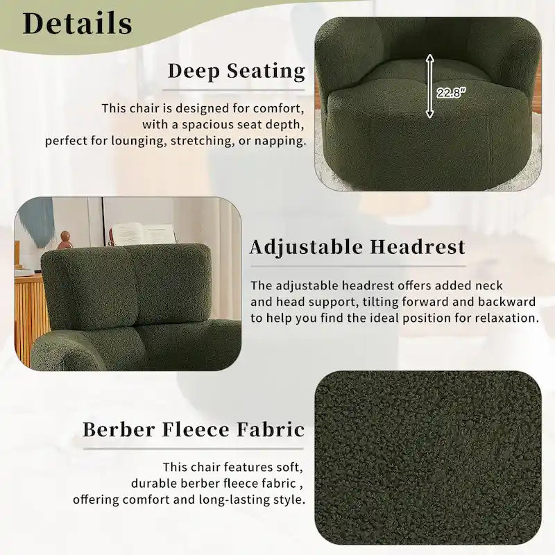 Fauteuil pivotant à 360°, Fauteuil cylindrique rembourré avec appui-tête réglable, Canapé-fauteuil rond pivotant moderne pour salon