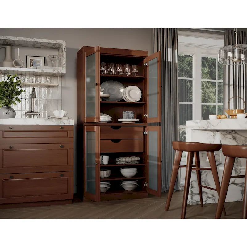 Meuble de cuisine Palace Imports 100 % en bois massif avec portes en verre dépoli, 2 tiroirs et étagères réglables – 32 x 71,5