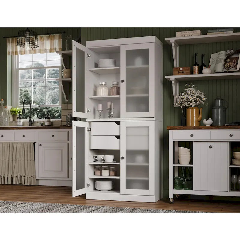 Meuble de cuisine Palace Imports 100 % en bois massif avec portes en verre dépoli, 2 tiroirs et étagères réglables – 32 x 71,5