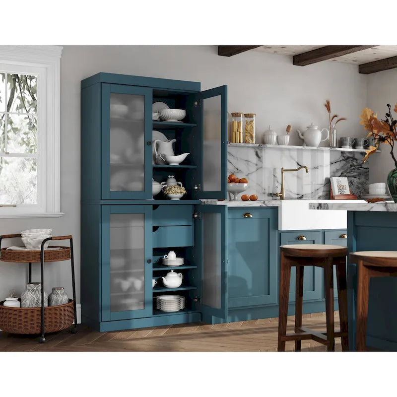 Meuble de cuisine Palace Imports 100 % en bois massif avec portes en verre dépoli, 2 tiroirs et étagères réglables – 32 x 71,5