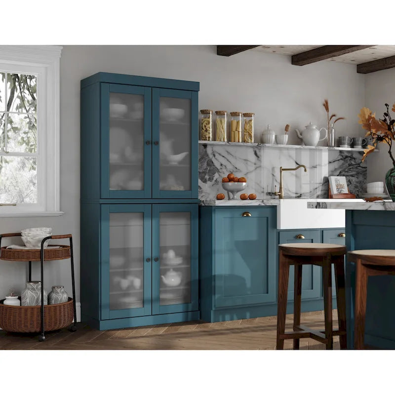 Meuble de cuisine Palace Imports 100 % en bois massif avec portes en verre dépoli, 2 tiroirs et étagères réglables – 32 x 71,5