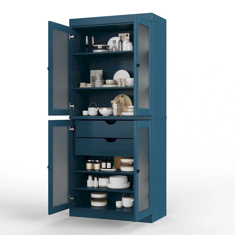 Meuble de cuisine Palace Imports 100 % en bois massif avec portes en verre dépoli, 2 tiroirs et étagères réglables – 32 x 71,5