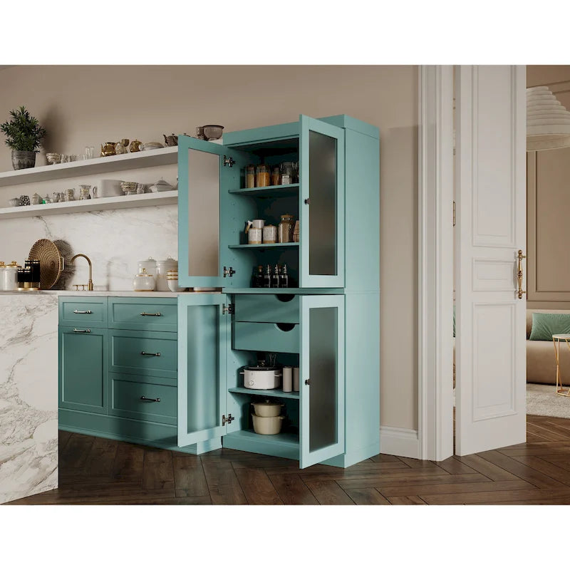 Meuble de cuisine Palace Imports 100 % en bois massif avec portes en verre dépoli, 2 tiroirs et étagères réglables – 32 x 71,5