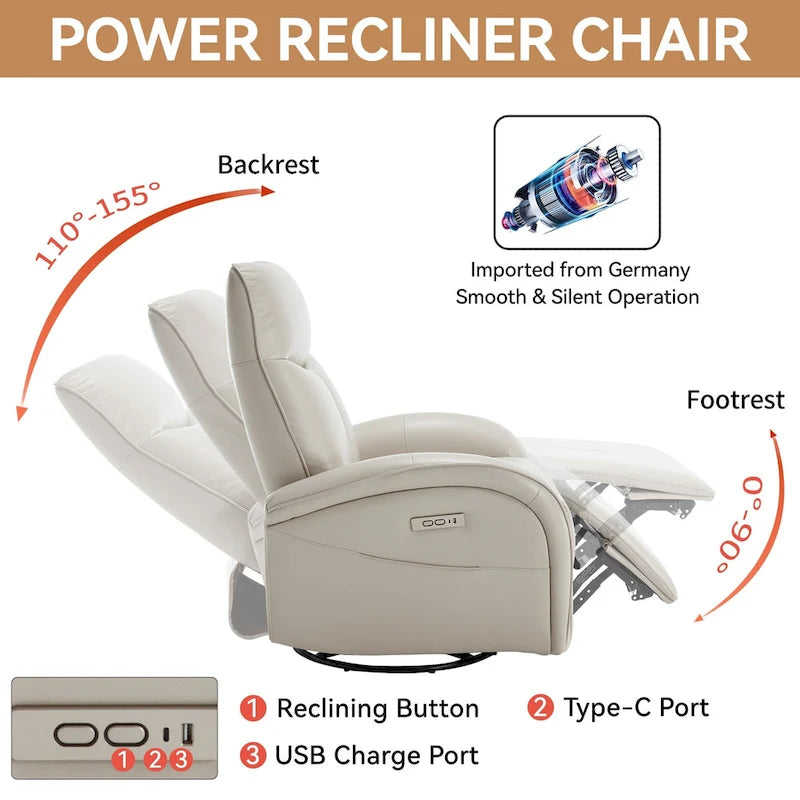 Fauteuil inclinable électrique 270° pivotant et basculant en similicuir avec 2 poches latérales, ports USB et USB-C