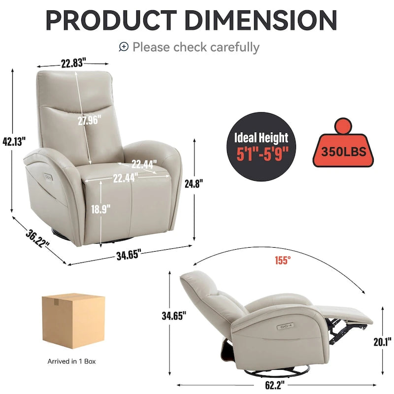 Fauteuil inclinable électrique 270° pivotant et basculant en similicuir avec 2 poches latérales, ports USB et USB-C
