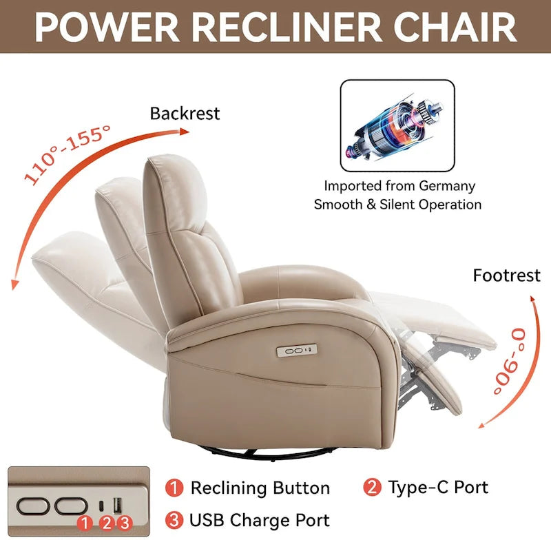 Fauteuil inclinable électrique 270° pivotant et basculant en similicuir avec 2 poches latérales, ports USB et USB-C