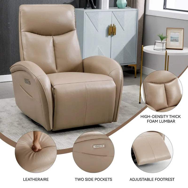 Fauteuil inclinable électrique 270° pivotant et basculant en similicuir avec 2 poches latérales, ports USB et USB-C