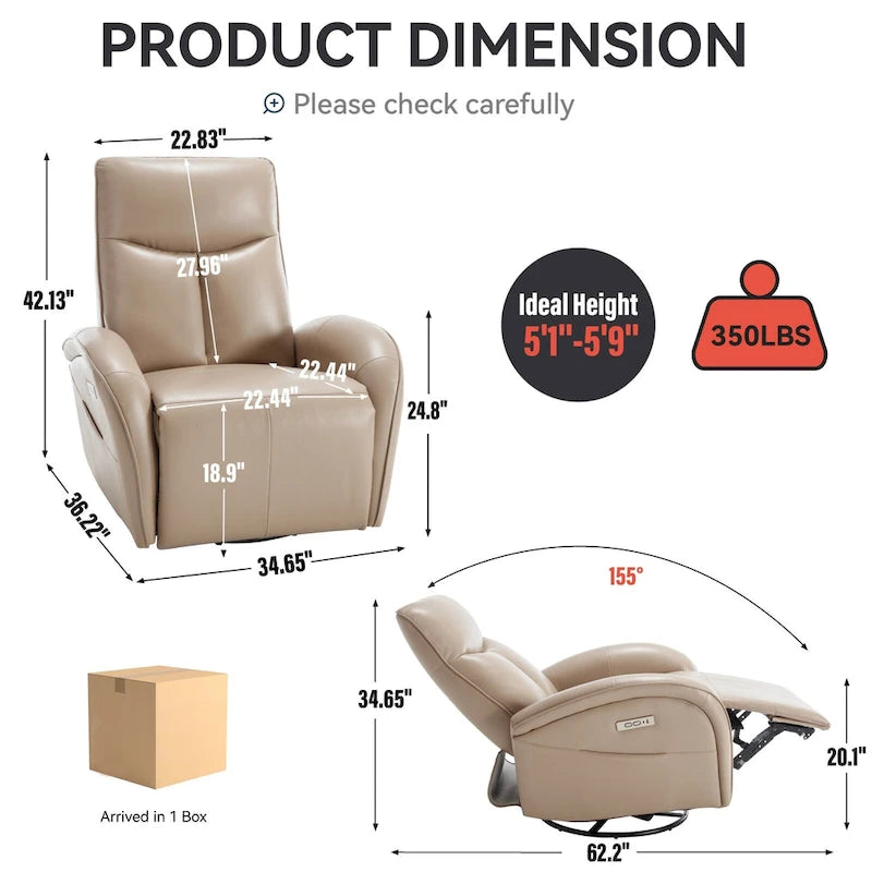 Fauteuil inclinable électrique 270° pivotant et basculant en similicuir avec 2 poches latérales, ports USB et USB-C