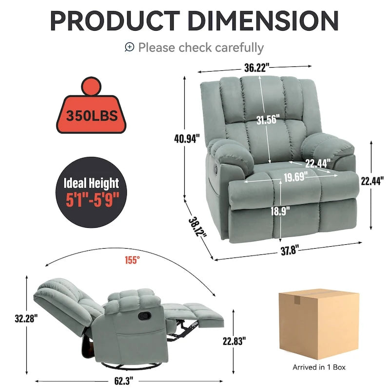Fauteuil inclinable manuel vert surdimensionné avec pivotant à 360° et fonction bascule, revêtement en tissu pour le confort du salon