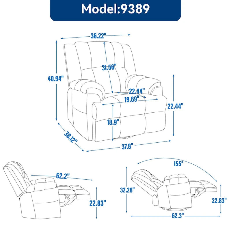 Fauteuil inclinable manuel vert surdimensionné avec pivotant à 360° et fonction bascule, revêtement en tissu pour le confort du salon
