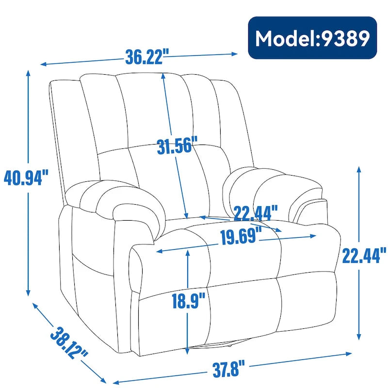 Fauteuil inclinable manuel vert surdimensionné avec pivotant à 360° et fonction bascule, revêtement en tissu pour le confort du salon