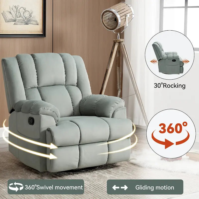Fauteuil inclinable manuel vert surdimensionné avec pivotant à 360° et fonction bascule, revêtement en tissu pour le confort du salon