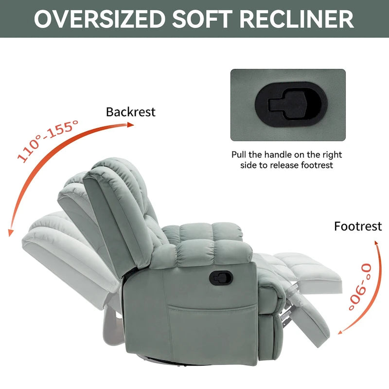 Fauteuil inclinable manuel vert surdimensionné avec pivotant à 360° et fonction bascule, revêtement en tissu pour le confort du salon
