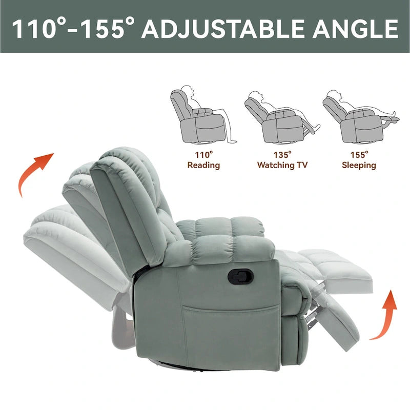 Fauteuil inclinable manuel vert surdimensionné avec pivotant à 360° et fonction bascule, revêtement en tissu pour le confort du salon