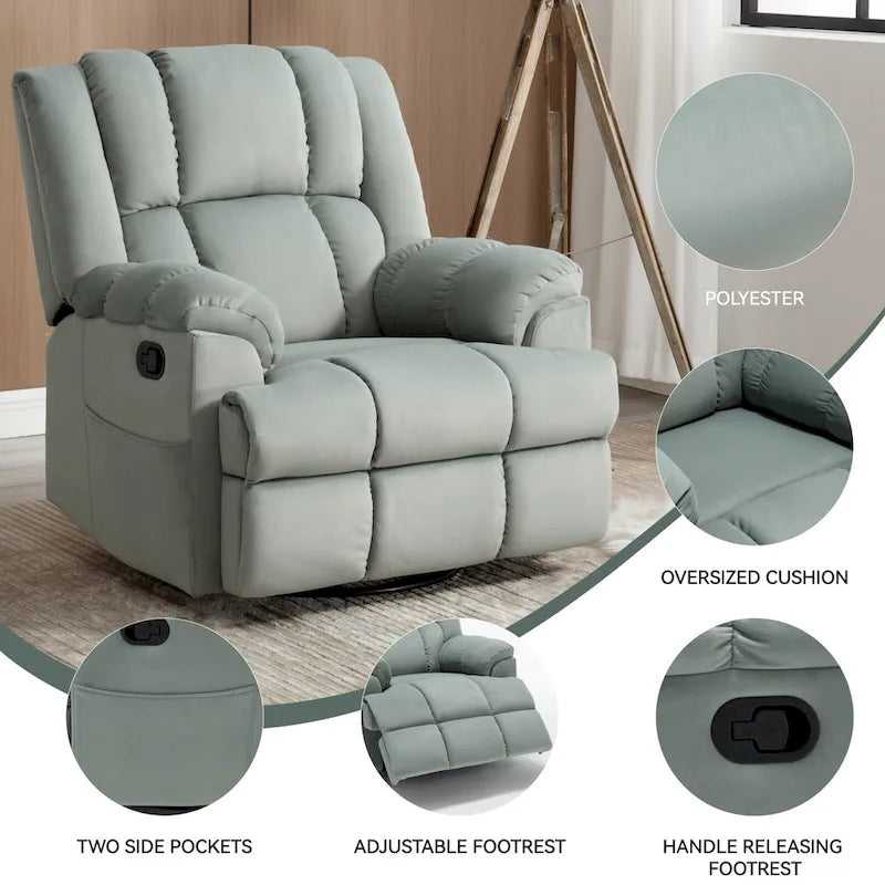 Fauteuil inclinable manuel vert surdimensionné avec pivotant à 360° et fonction bascule, revêtement en tissu pour le confort du salon