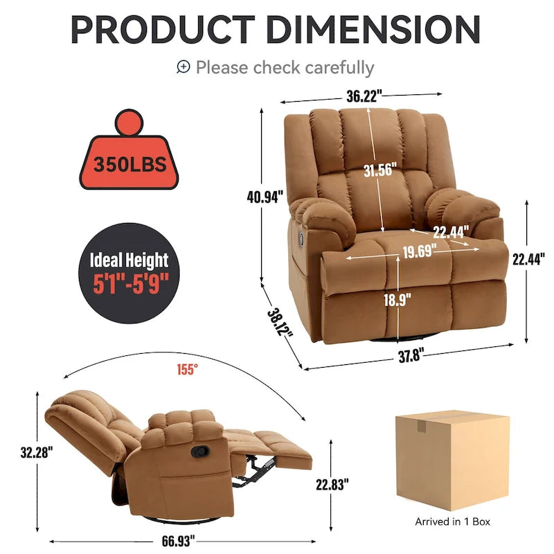 Fauteuil inclinable manuel vert surdimensionné avec pivotant à 360° et fonction bascule, revêtement en tissu pour le confort du salon