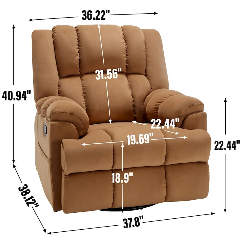 Fauteuil inclinable manuel vert surdimensionné avec pivotant à 360° et fonction bascule, revêtement en tissu pour le confort du salon