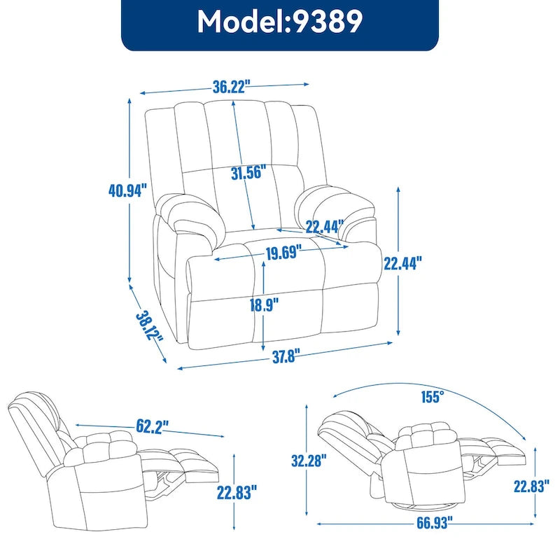 Fauteuil inclinable manuel vert surdimensionné avec pivotant à 360° et fonction bascule, revêtement en tissu pour le confort du salon