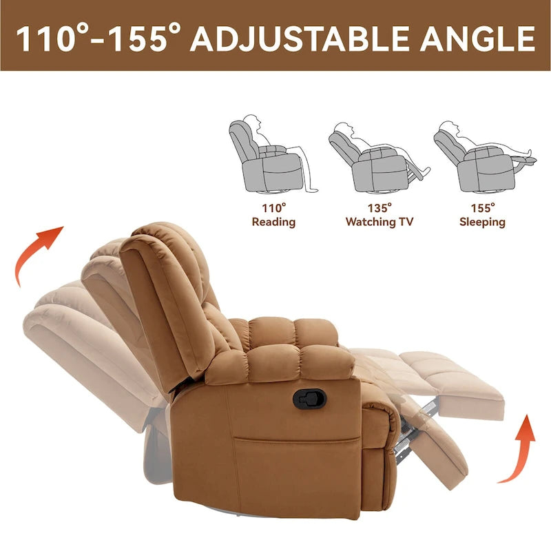 Fauteuil inclinable manuel vert surdimensionné avec pivotant à 360° et fonction bascule, revêtement en tissu pour le confort du salon