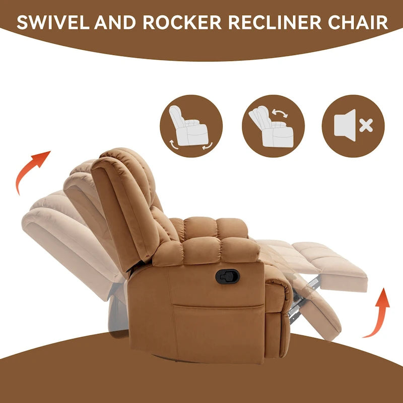 Fauteuil inclinable manuel vert surdimensionné avec pivotant à 360° et fonction bascule, revêtement en tissu pour le confort du salon