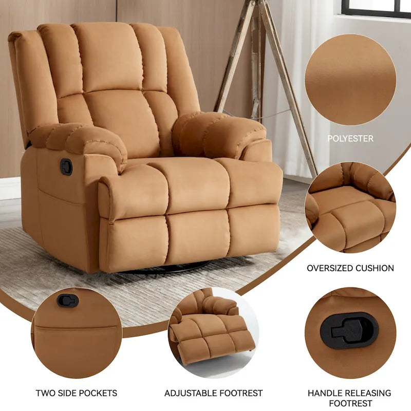 Fauteuil inclinable manuel vert surdimensionné avec pivotant à 360° et fonction bascule, revêtement en tissu pour le confort du salon