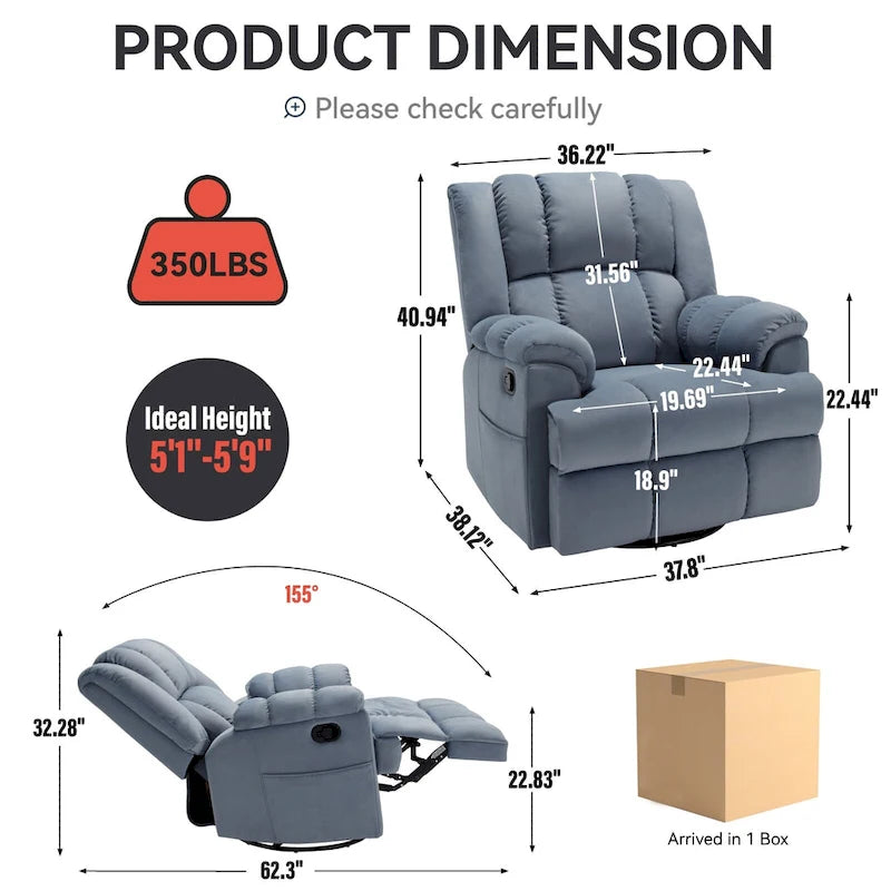 Fauteuil inclinable manuel vert surdimensionné avec pivotant à 360° et fonction bascule, revêtement en tissu pour le confort du salon
